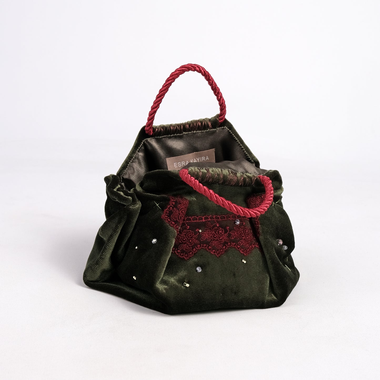 Mini green velvet bag with burgundy lace detail, handmade in Turkey by Esra Kayıra