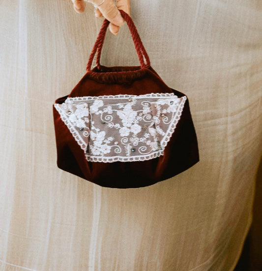 Mini velvet burgundy bag with white lace detail, handmade in Turkey by Esra Kayıra