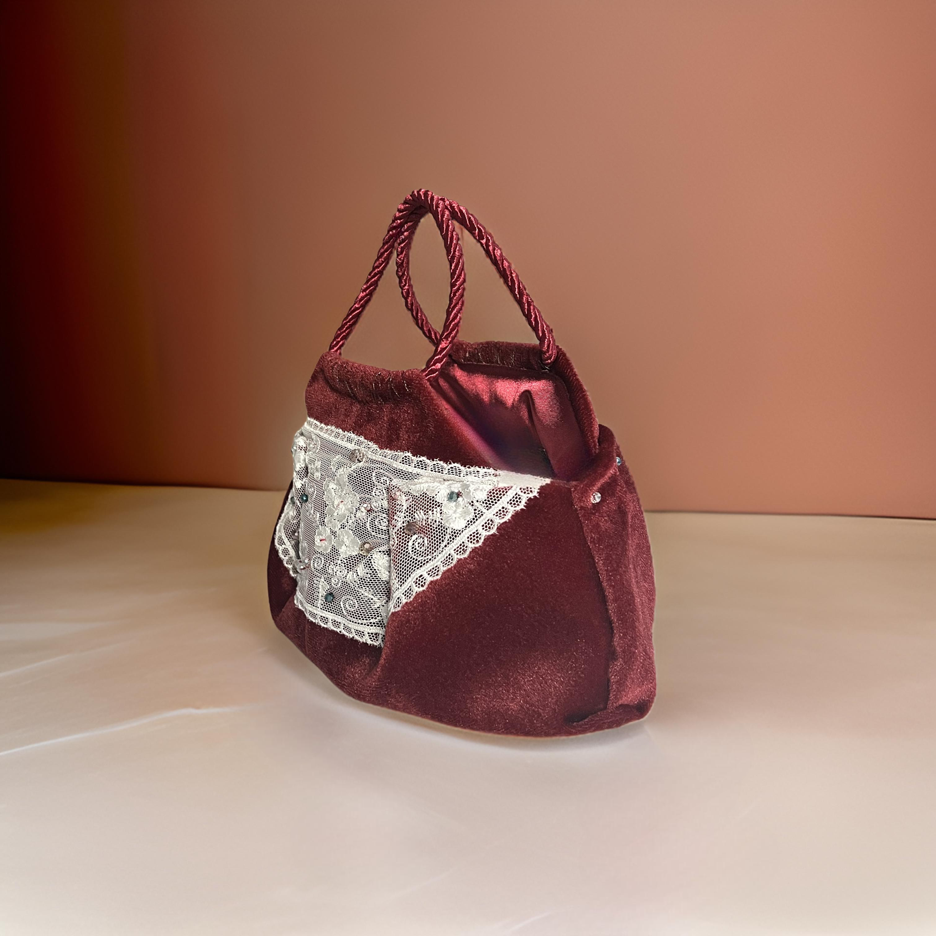 Mini velvet burgundy bag with white lace detail, handmade in Turkey by Esra Kayıra