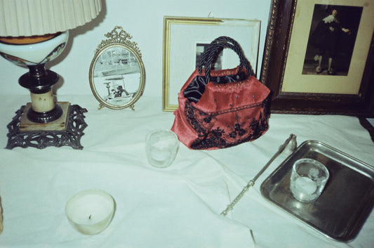 Mini red, pink velvet bag, black lace detail, handmade in Turkey by Esra Kayıra