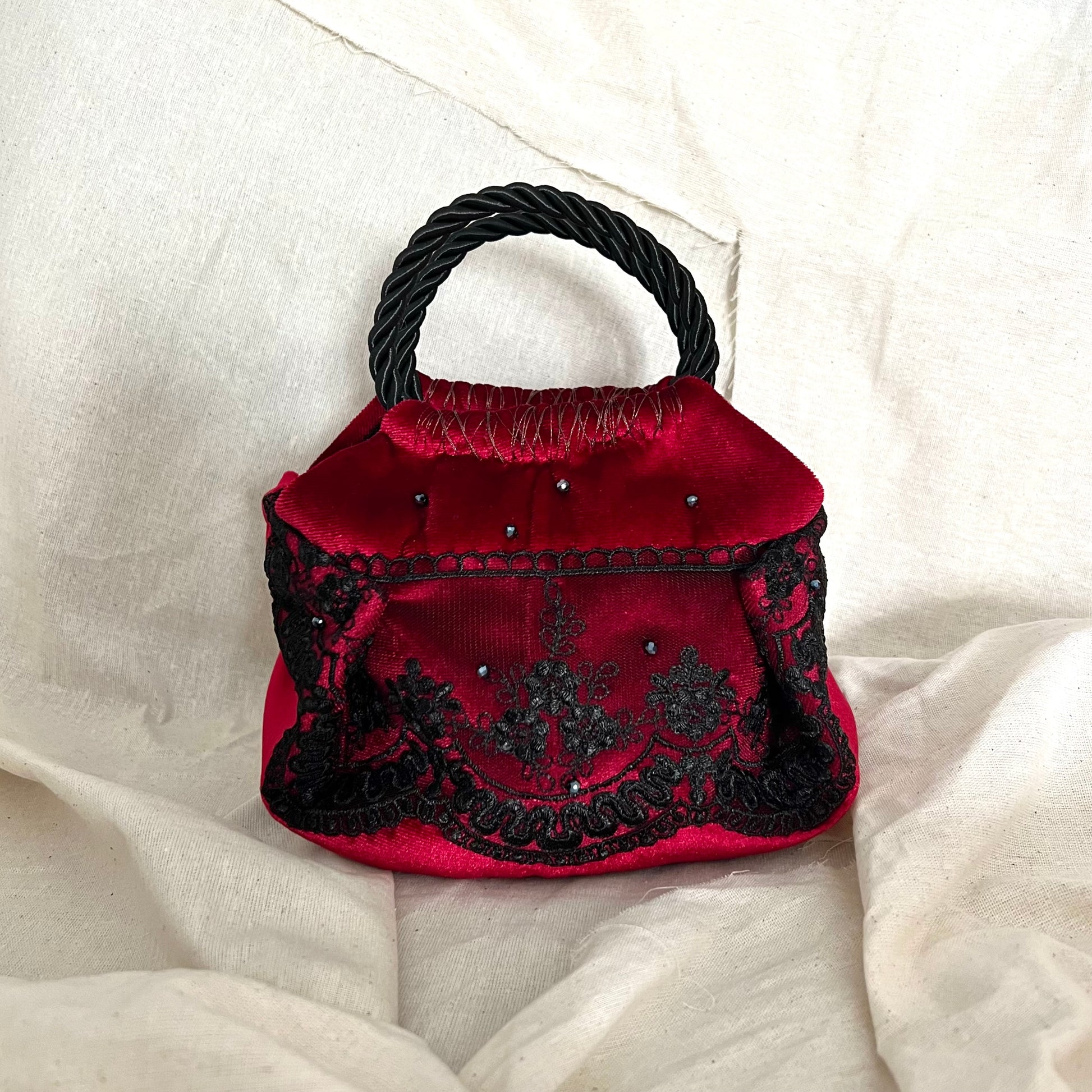 Mini red, pink velvet bag, black lace detail, handmade in Turkey by Esra Kayıra