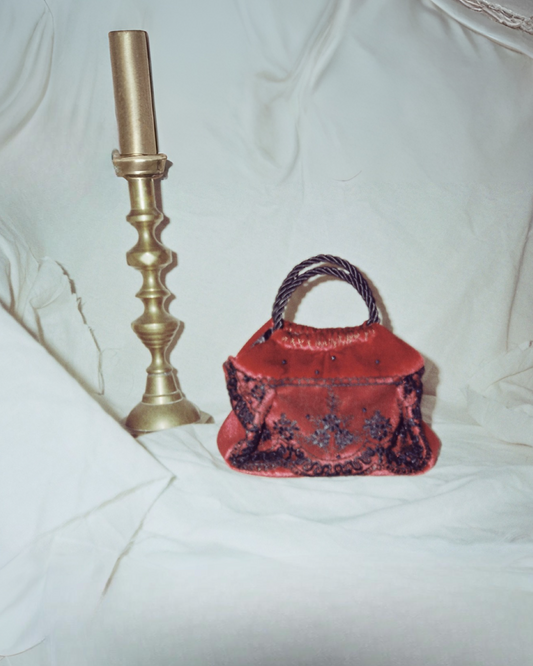 Mini red, pink velvet bag, black lace detail, handmade in Turkey by Esra Kayıra