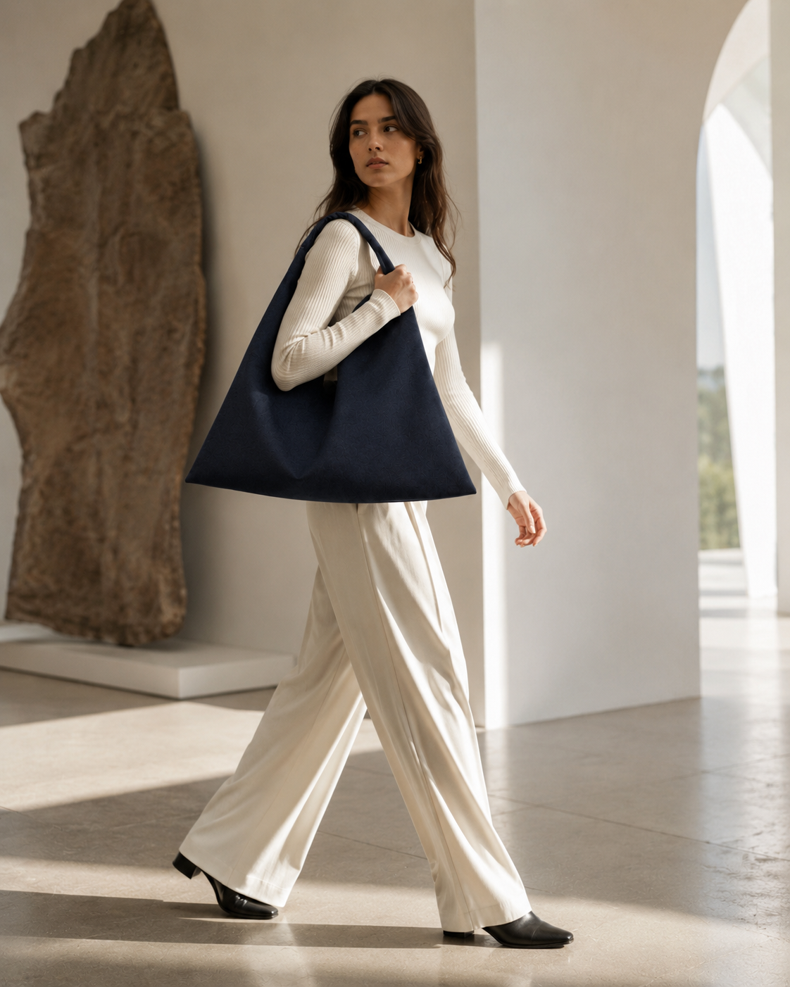 Navy, midi size canvas origami bag made in Turkey, by Esra Kayira brand. 