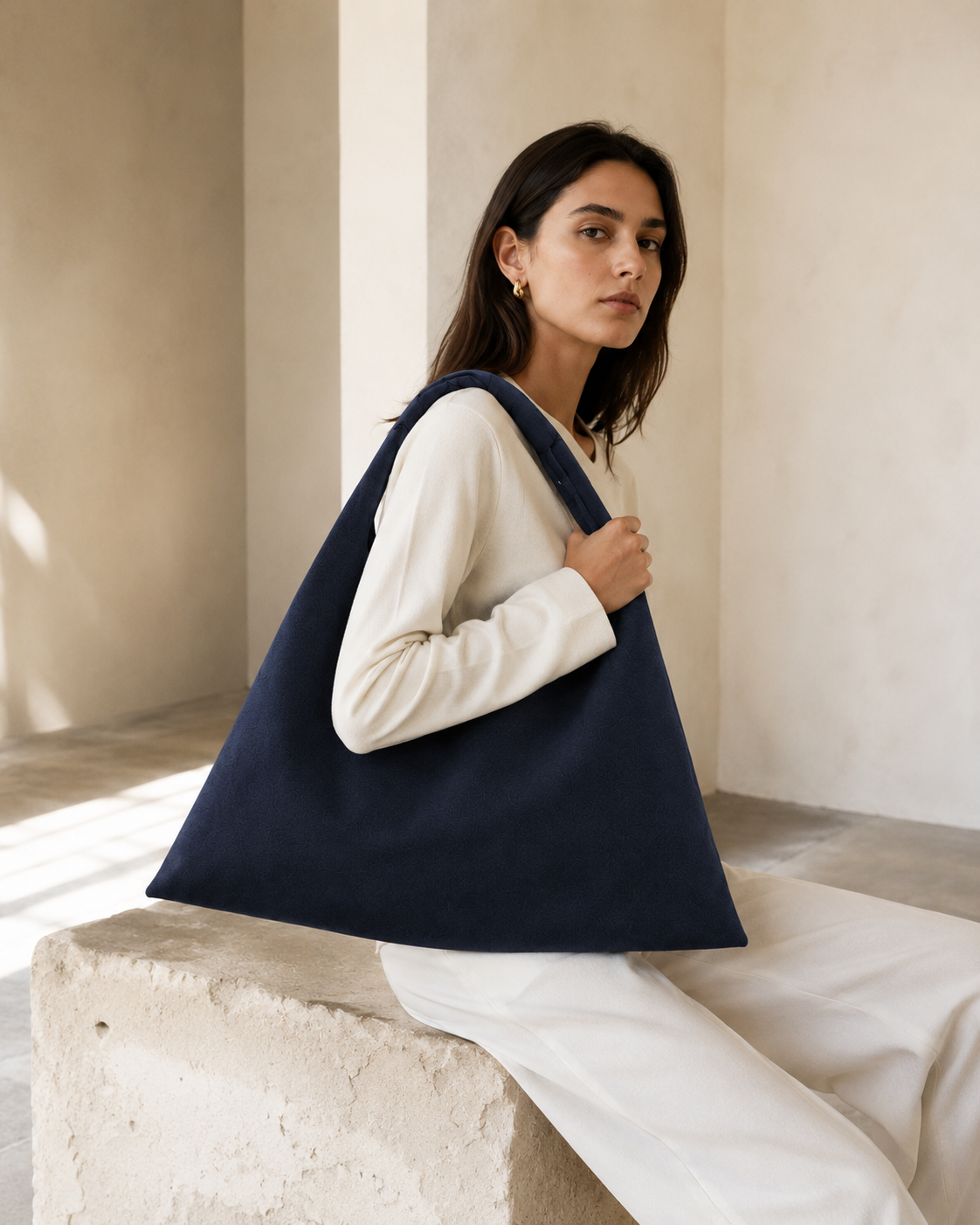 Navy, midi size canvas origami bag made in Turkey, by Esra Kayira brand. 