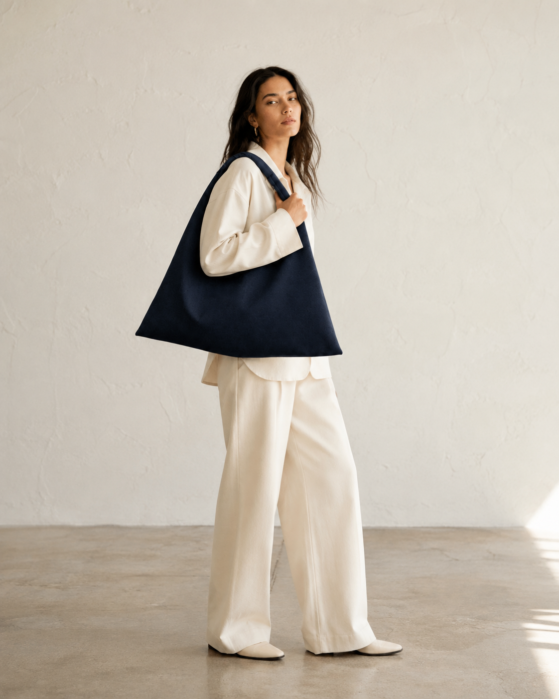 Navy, midi size canvas origami bag made in Turkey, by Esra Kayira brand. 