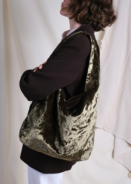 Olive green crushed velvet over the shoulder bag handmade in Turkey, model shoot, Esra Kayira brand.