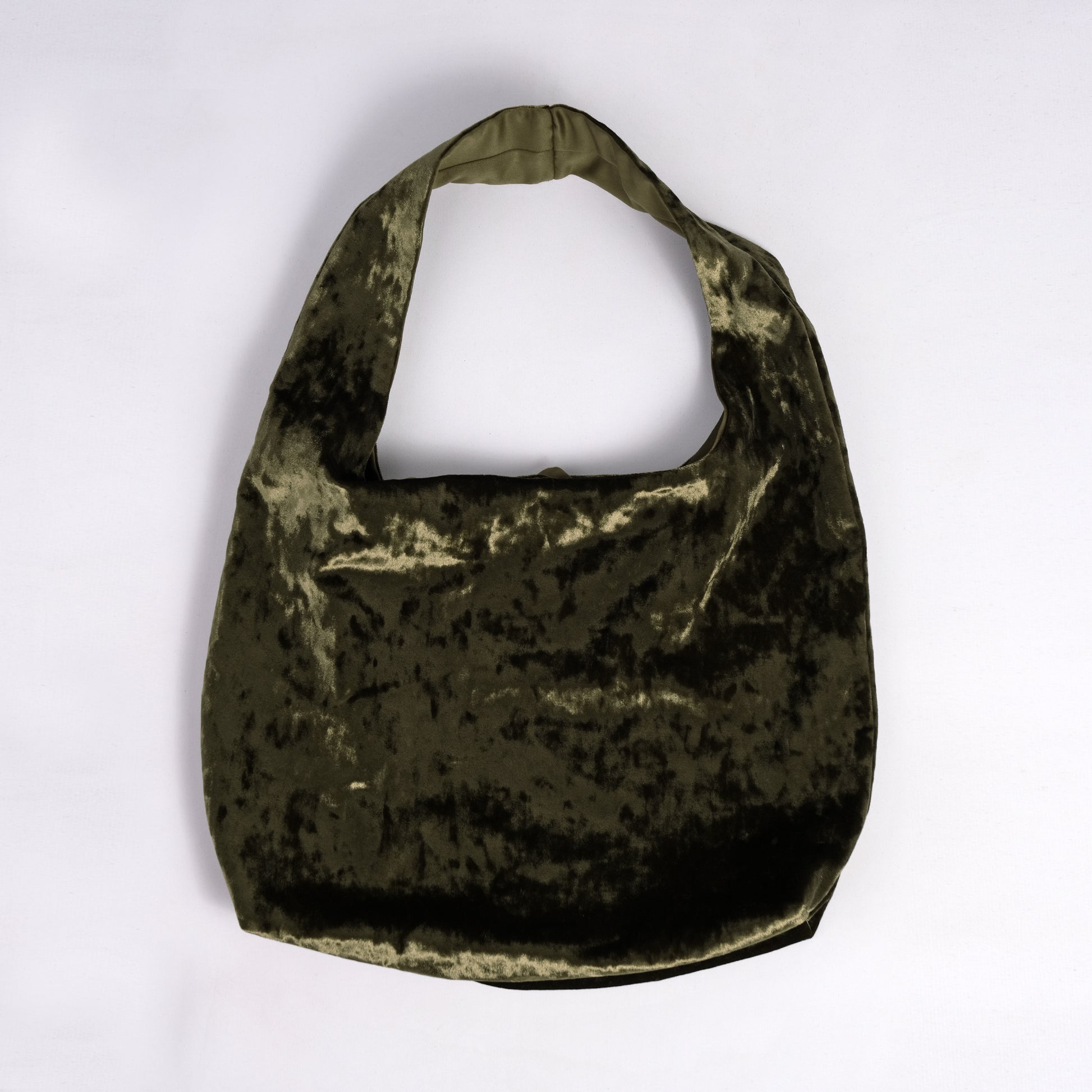 Olive green crushed velvet over the shoulder bag handmade in Turkey, detail, Esra Kayira brand.