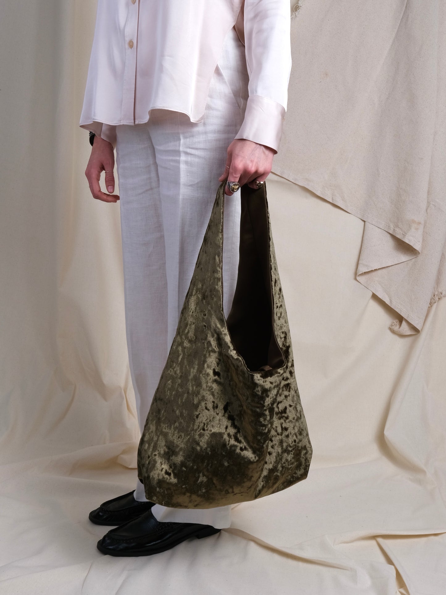 Olive green crushed velvet over the shoulder bag handmade in Turkey, Esra Kayira brand.