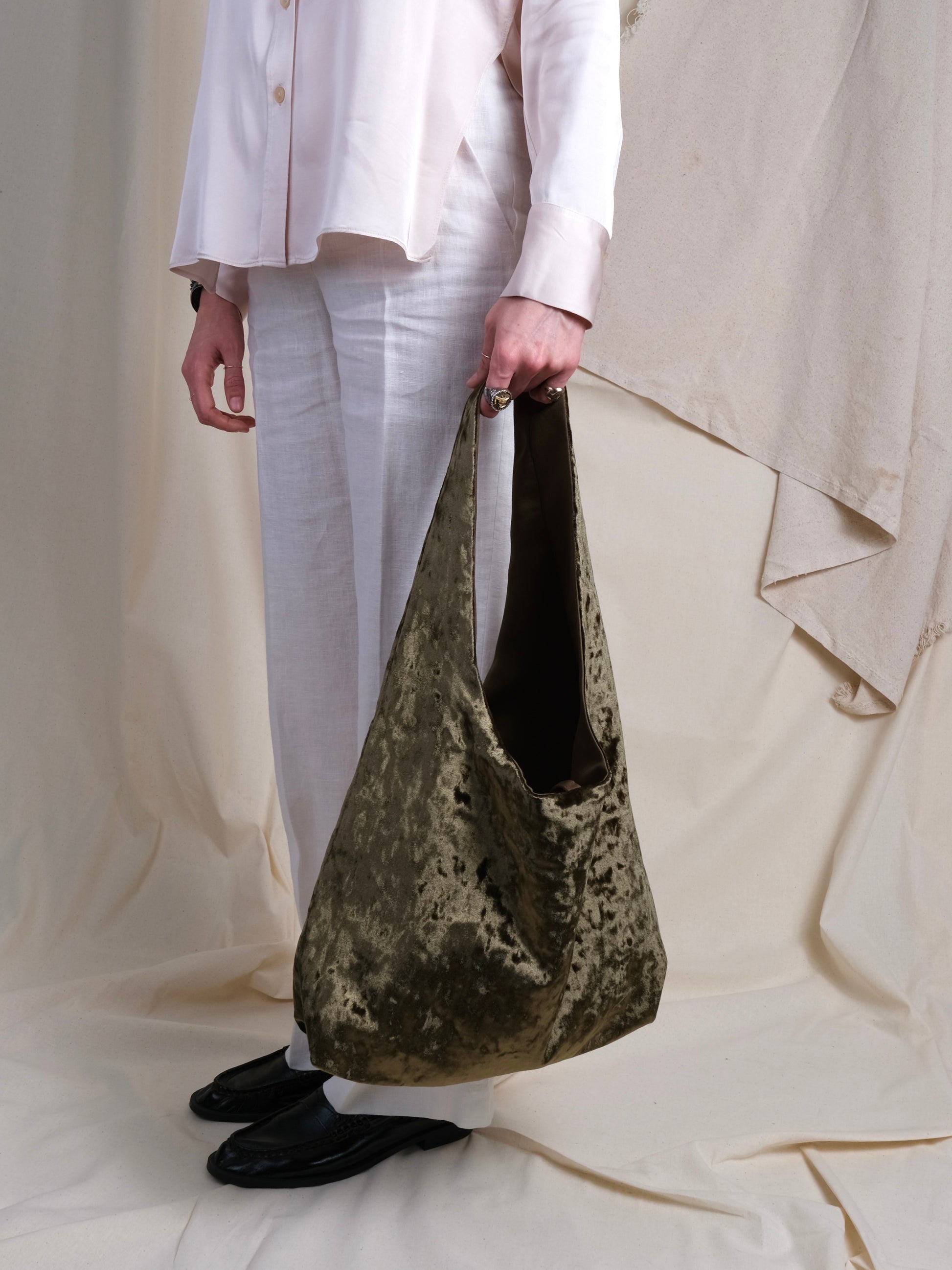 Olive green crushed velvet over the shoulder bag handmade in Turkey, Esra Kayira brand.
