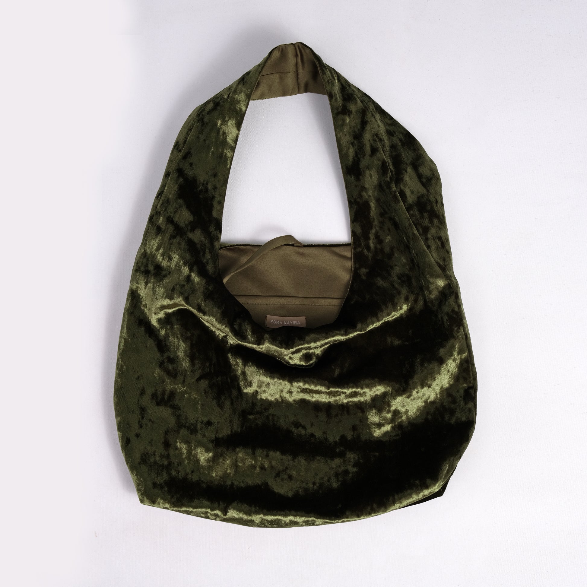 Olive green crushed velvet over the shoulder bag handmade in Turkey, interior detail, Esra Kayira brand.