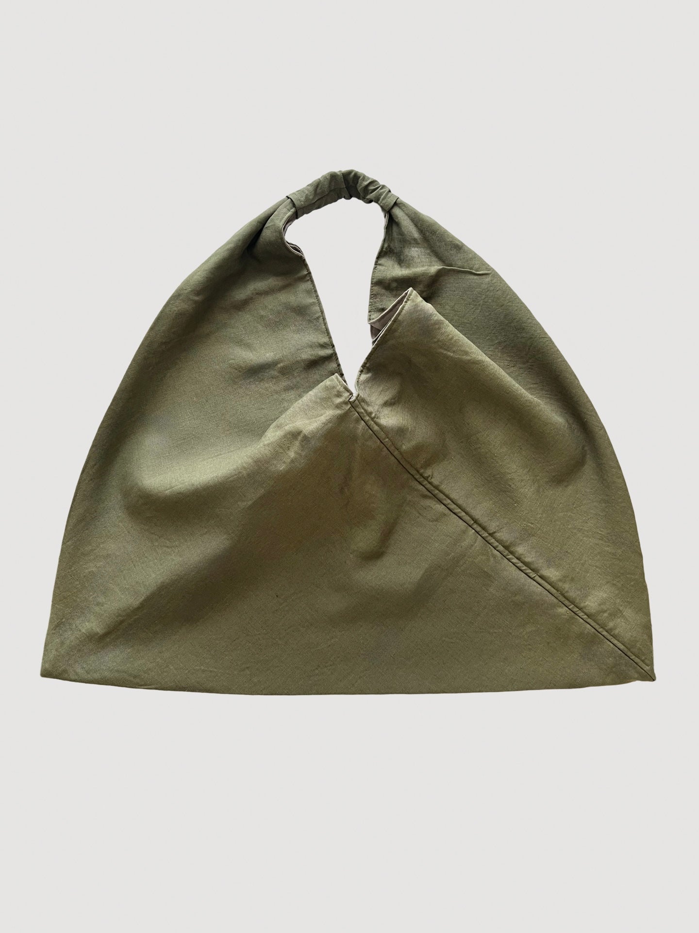Olive green linen large origami bag handmade in Turkey, Esra Kayira brand.