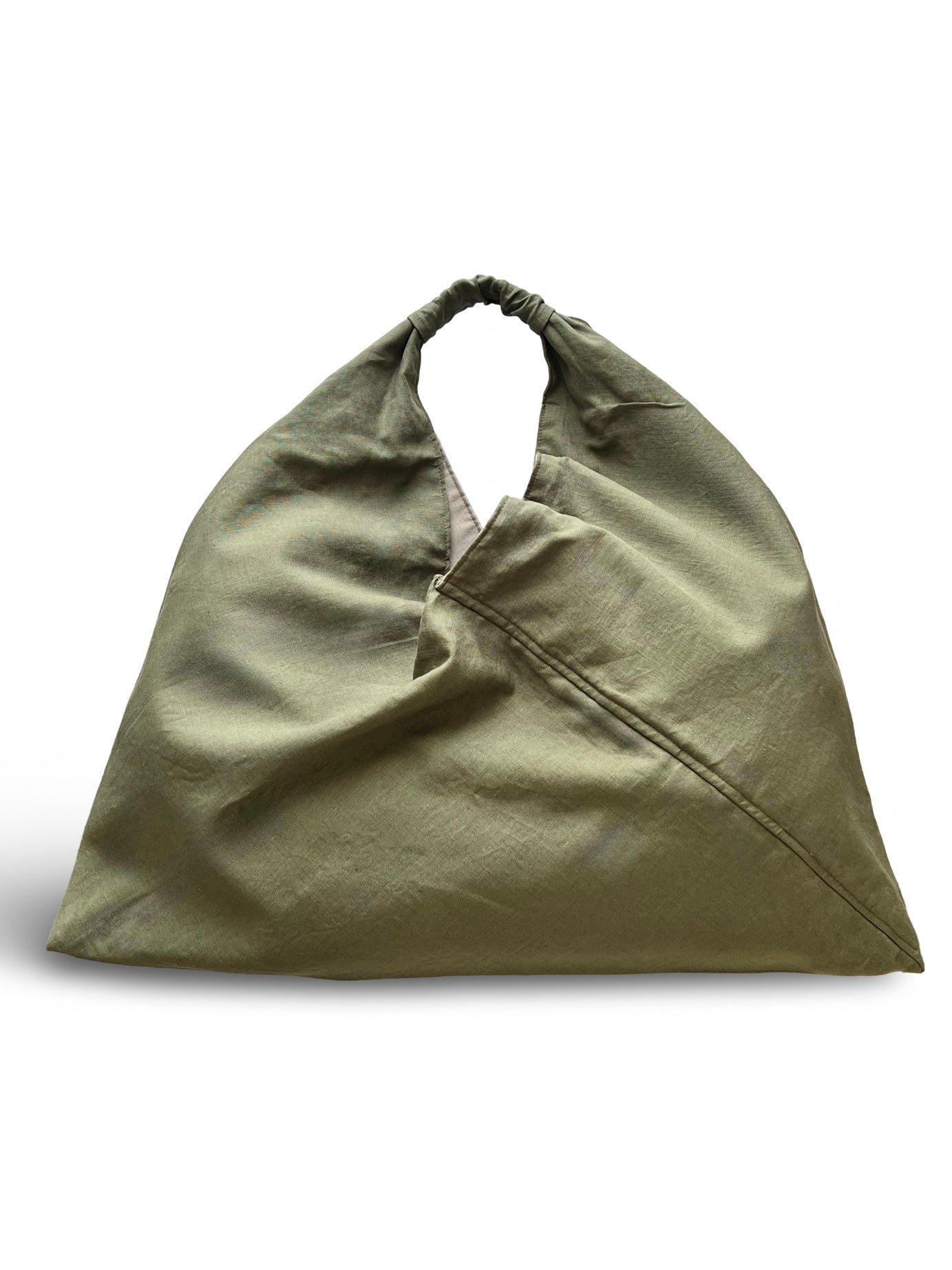 Olive green linen large origami bag handmade in Turkey, Esra Kayira brand.