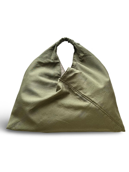 Olive green linen large origami bag handmade in Turkey, Esra Kayira brand.