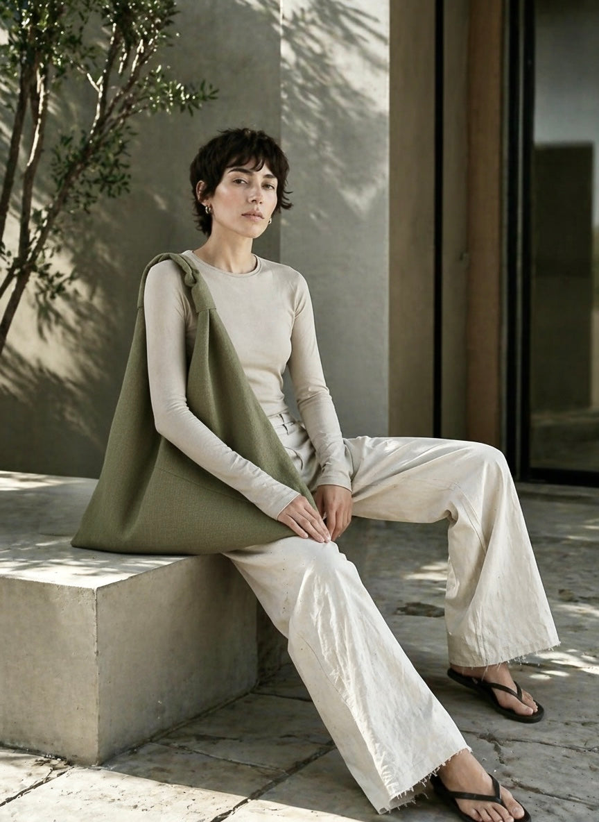Olive green linen origami bag midi – linen shoulder bag by Esra Kayira brand