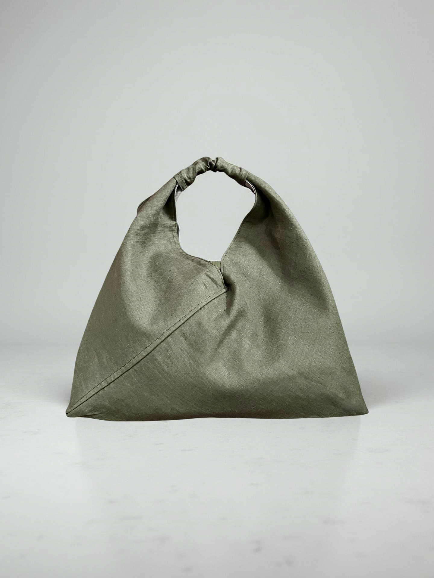 Olive green linen small origami bag handmade in Turkey, Esra Kayira brand.