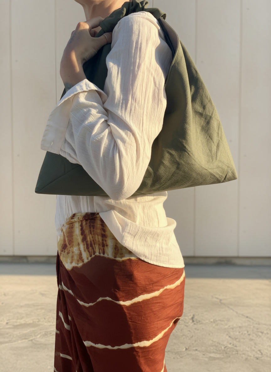 Olive green linen small origami bag handmade in Turkey, Esra Kayira brand.