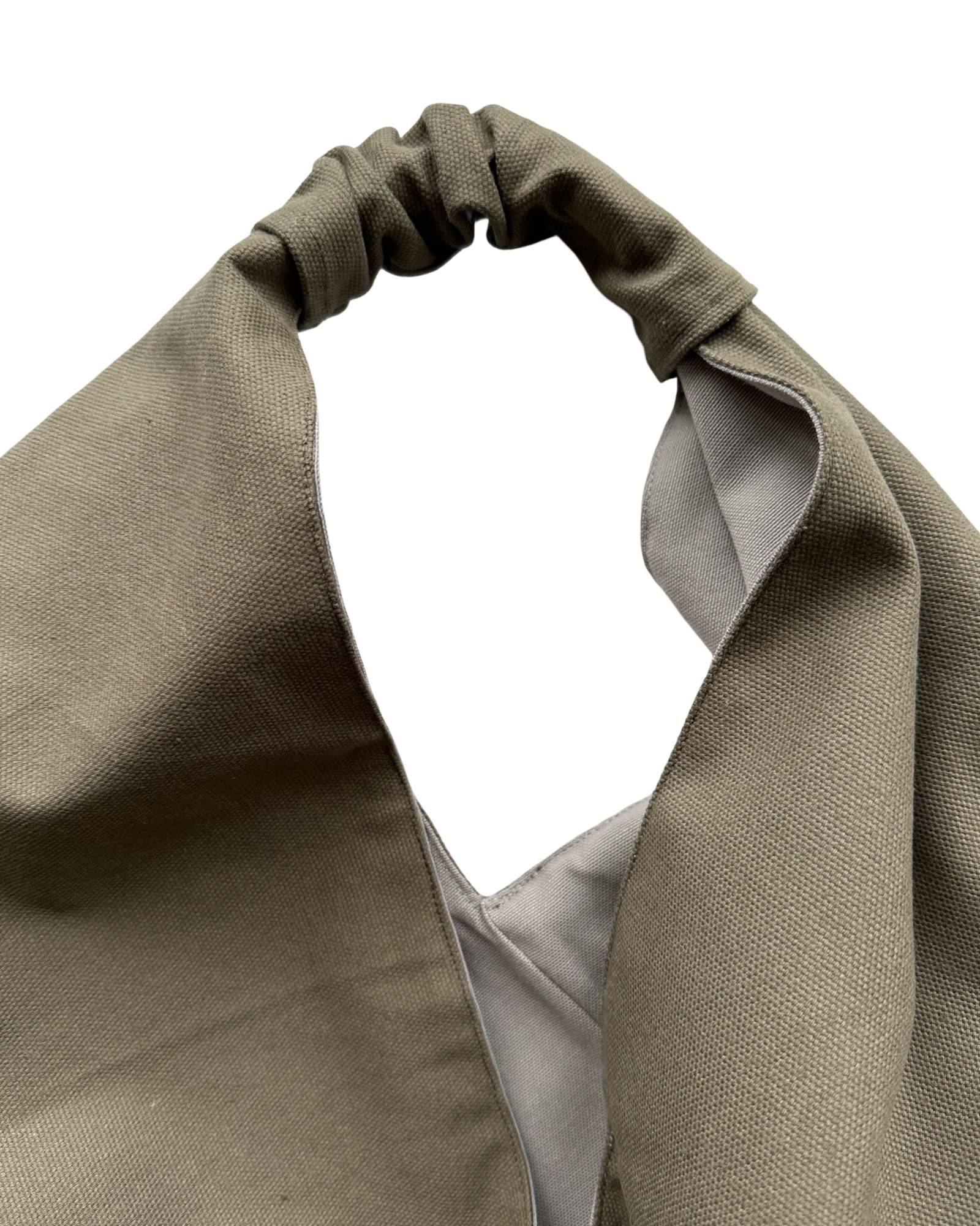 Olive green, midi size canvas origami bag handmade in Turkey, detail, by Esra Kayira brand. 