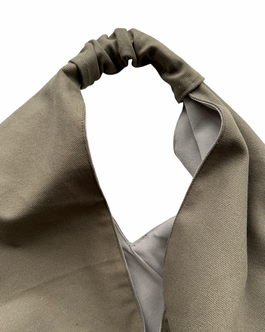 Olive green, midi size canvas origami bag handmade in Turkey, detail, by Esra Kayira brand. 