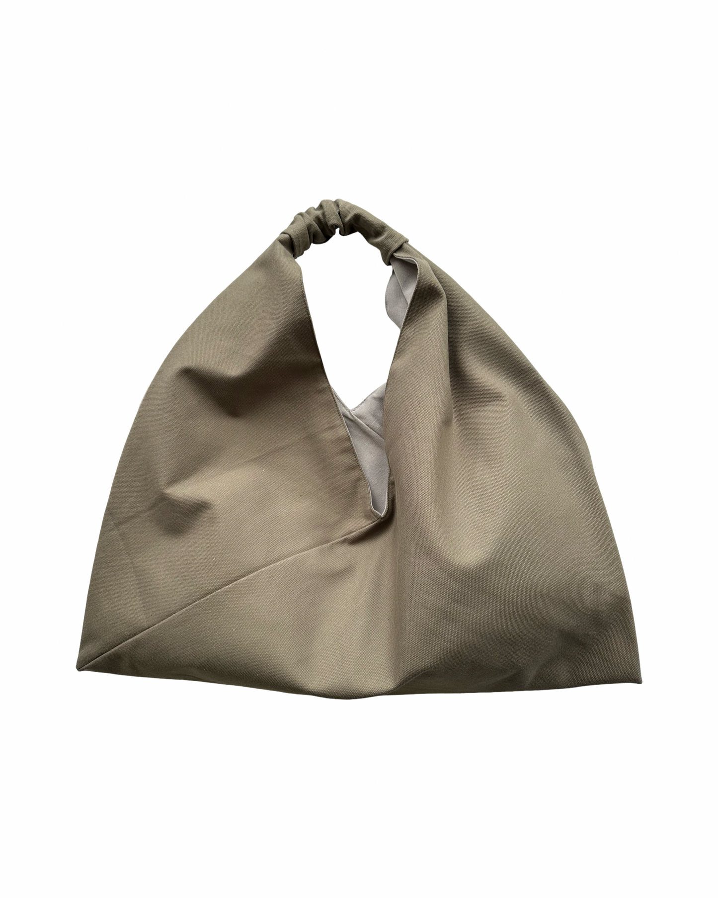 Olive green, midi size canvas origami bag handmade in Turkey, by Esra Kayira brand. 