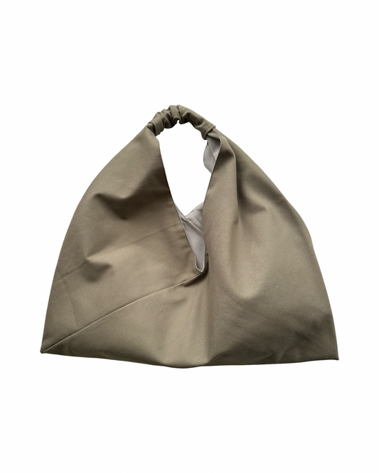 Olive green, midi size canvas origami bag handmade in Turkey, by Esra Kayira brand.