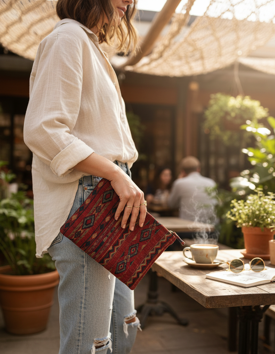 Pattern fabric clutch handmade in Turkey by Esra Kayıra brand
