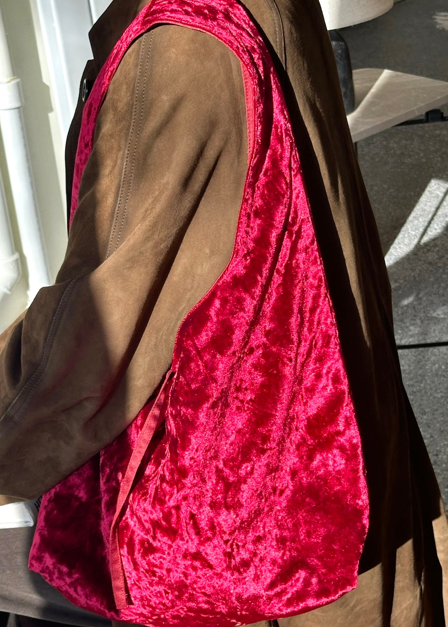 Red crushed over the shoulder velvet bag handmade in Turkey, Esra Kayira brand.