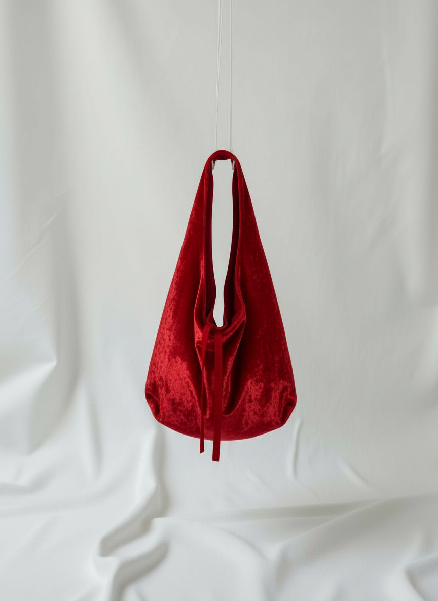 Red crushed velvet shoulder bag handmade in Turkey, Esra Kayira brand.