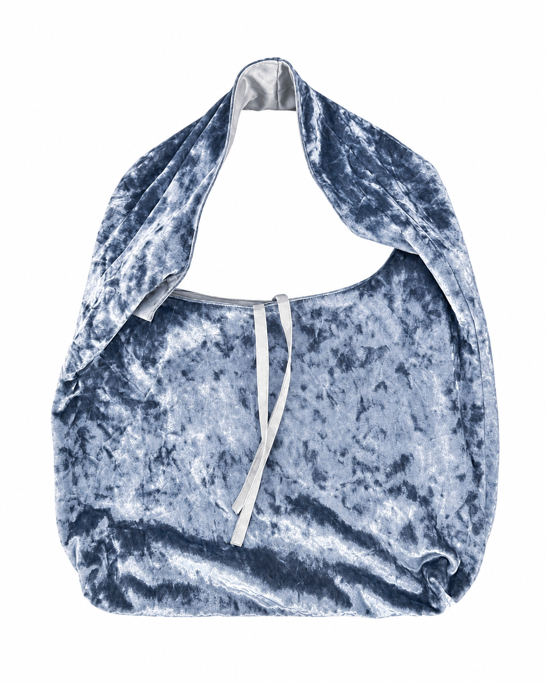 Silver blue crushed velvet bag with a white background. 